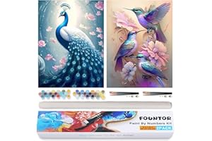 Fountor 2 Pack Paint by Numbers Kit for Adults Beginner, Hummingbird Peacock Adult Paint by Number Kits on Canvas, Animals Watercolor Oil Number Painting Kits for Home Decor with Gift Box 12x16 inch