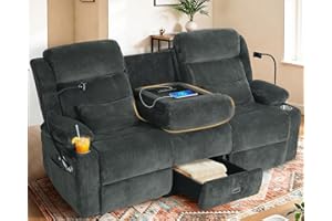 ABCASA 3 Seater Recliner Sofa, Manual Reclining Couch with Flip Middle Backrest, Phone Holder, Side Pocket, Drawer, Power Outlet, Reclining Sleeper for Living Room, Home Theater & RV (Textile - Gray)