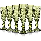 AstraLoom 6-Piece Vintage Glass Champagne Flutes – 5oz/150ml Retro Embossed Goblet Glasses for Wine, Beer, Cocktails, Whiskey & Juice – Elegant Drinking Glasses for Weddings, Parties & Home (Green)