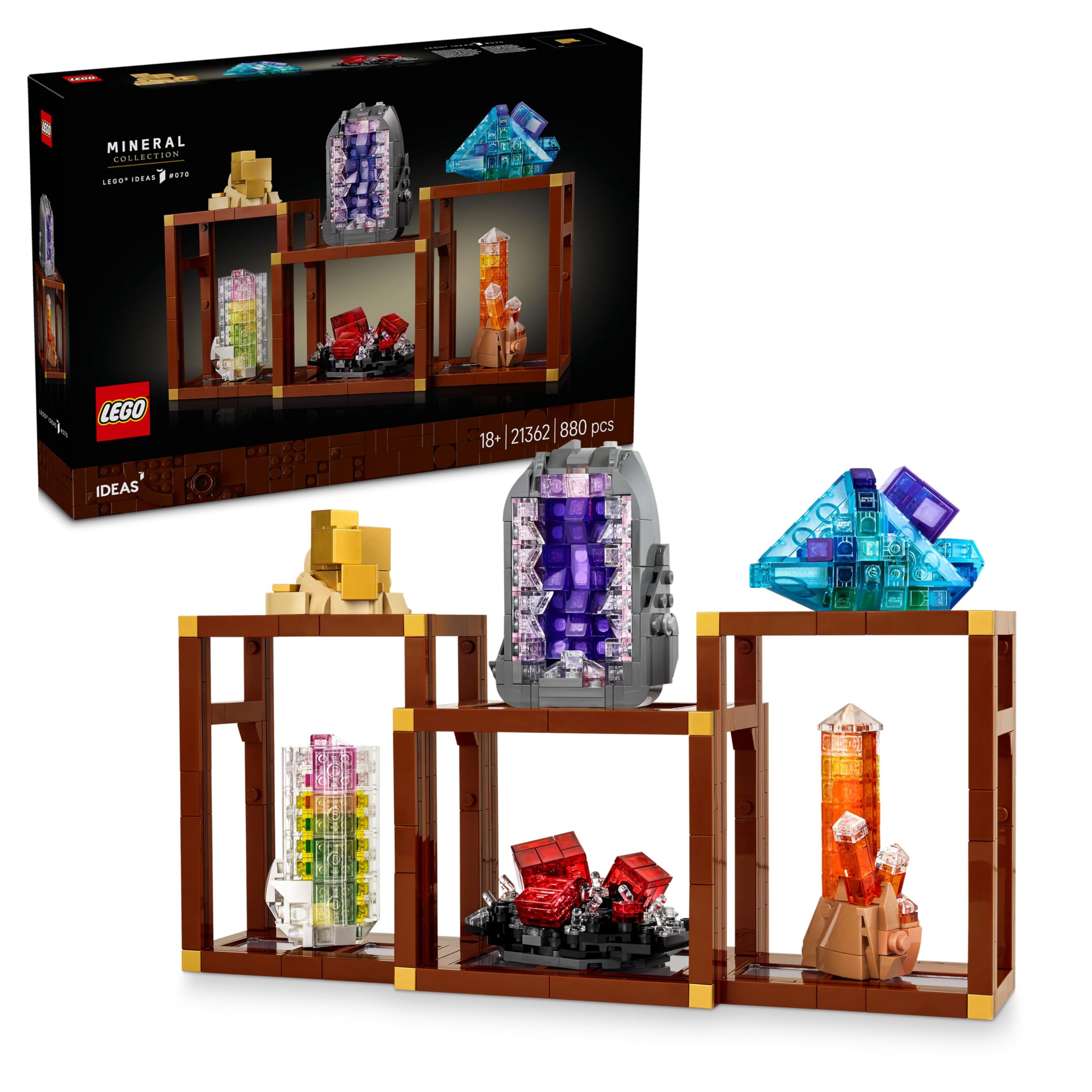 LEGO Ideas Mineraliensammlung - Set für Erwachsene - Modellbau mit Kristallelementen inkl. Amethyst, Fluorit & Tangerinquarz sowie 3 Ständern - DIY Wohn Deko Geschenkidee - 21362