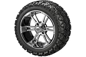RM Cart - 12" Raptor Black/Machined on 20x10-12 Sierra Classic Tires (Set of 4), Fits Club Car & EZGo carts, Golf Cart Tires and Wheels Combo, Can be Used on Lawn Mowers and ATV's