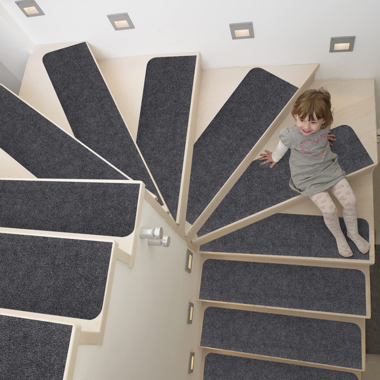 Photo 1 of SHIEN 8x30IN 15PCS Non-Slip Stair Treads Carpet, Self-Adhesive Stair Treads for Wooden Steps, Indoor Safety Staircase Step Treads, Anti Slip Stair Runner Mats for Elders, Kids and Dogs (Dark Grey)