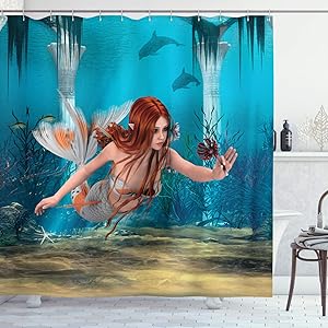 Ambesonne Mermaid Shower Curtain, Lifelike Mermaid Holding a Sea Lily Magic Aquatic World Theme, Cloth Fabric Bathroom Decor Set with Hooks, 70