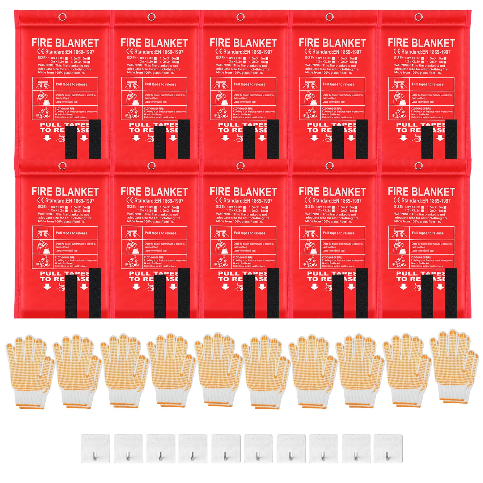 Photo 1 of 10 Pack Bulk Emergency Fire Blankets for Home and Kitchen with Fireproof Gloves & Hooks Safety Flame Suppression Fire Extinguisher for Camping House Warehouse Car 39.4"x39.4", Housewarming Gifts
