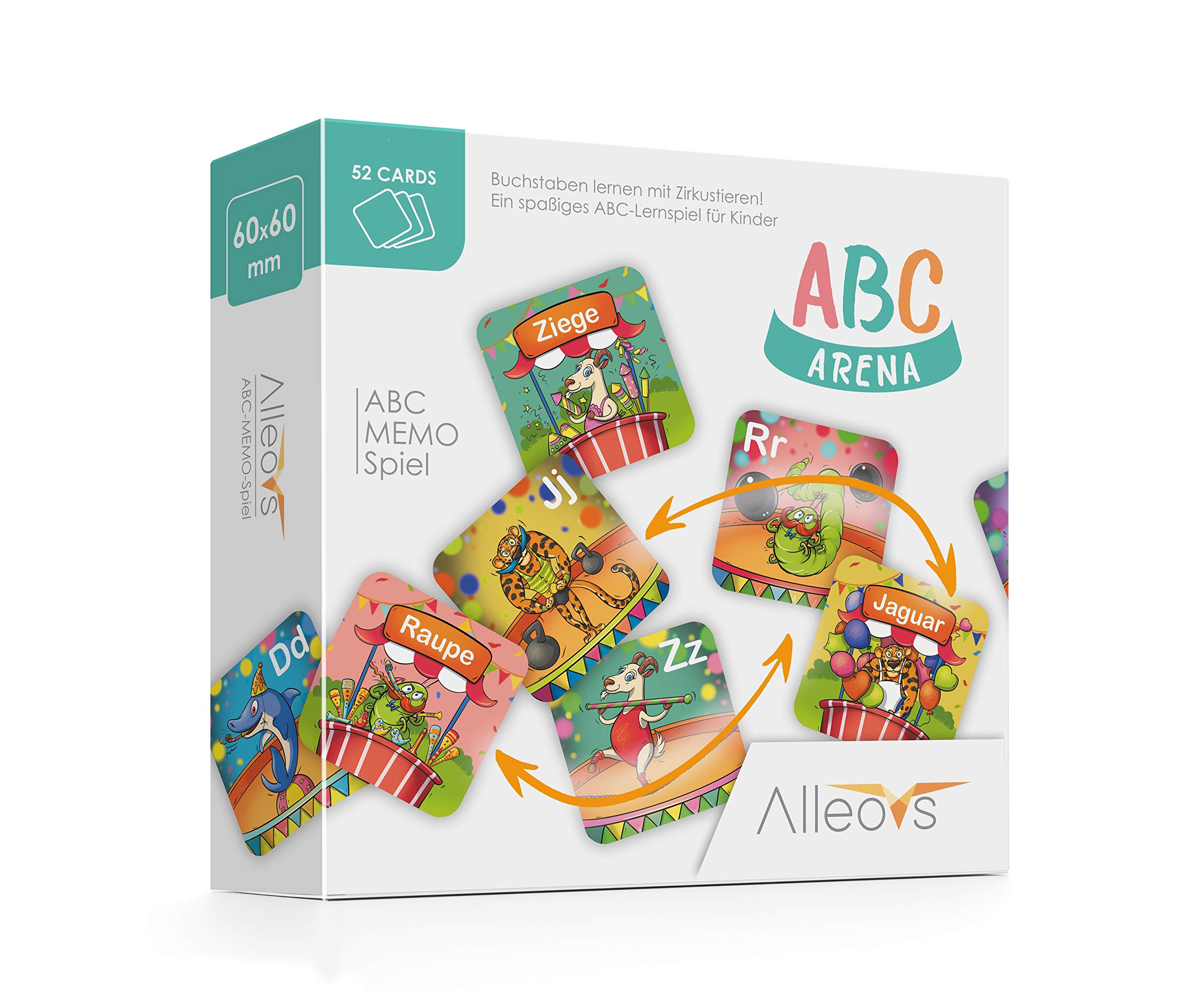 ALLEOVS® ABC-Arena - Letter Memory Game with circus animals, an educational game for 1-6 children from 4 years onwards, 52 cards for learning the alphabet, learn the names of animals in German