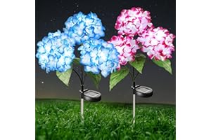ZOMCHAIN Solar Flower Lights-2 Pack Waterproof Solar Garden Flower Lights with Solar Hydrangea Stake, Solar Decorative Lights for Patio, Courtyard, Garden Lawn (Blue & Rose Red)