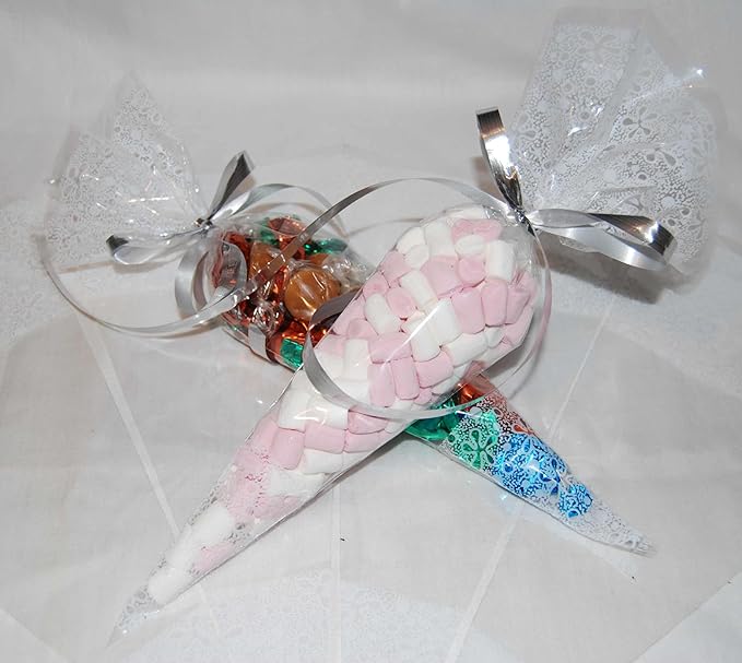 Pack of 100 White Pattern Clear Party Bags Cone Cellophane Display