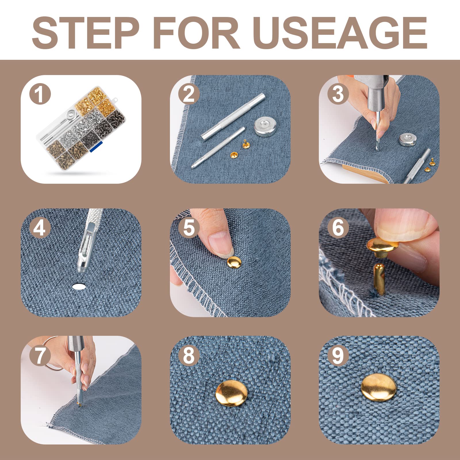 Siziviki 480 Sets Rivets for Leather, 4 Colors 3 Sizes Leather Rivets Kit, Double Cap Rivet with 4 Setting Tools, Suitable for Bags, Decoration