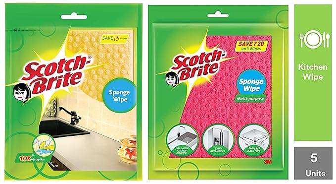 Scotch-Brite Sponge Wipe, Pack of 3 (Color May Vary) & Sponge Wipe (5 Pcs) Combo