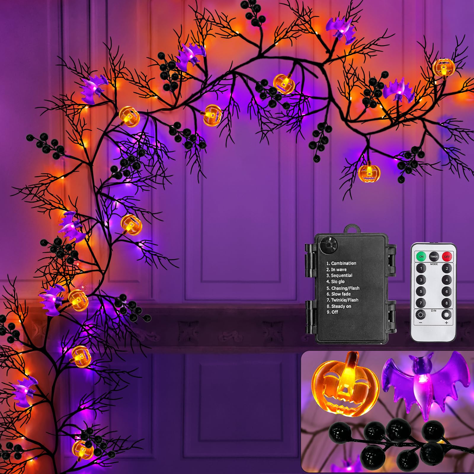 Photo 1 of TURNMEON Remote Control Extra Long 9 Ft 72 LED Orange Purple Lights Halloween Willow Twig Decor Halloween Garland Timer 8 Modes Berries 12 Bat Pumpkin Lights Battery Halloween Decorations Indoor Home