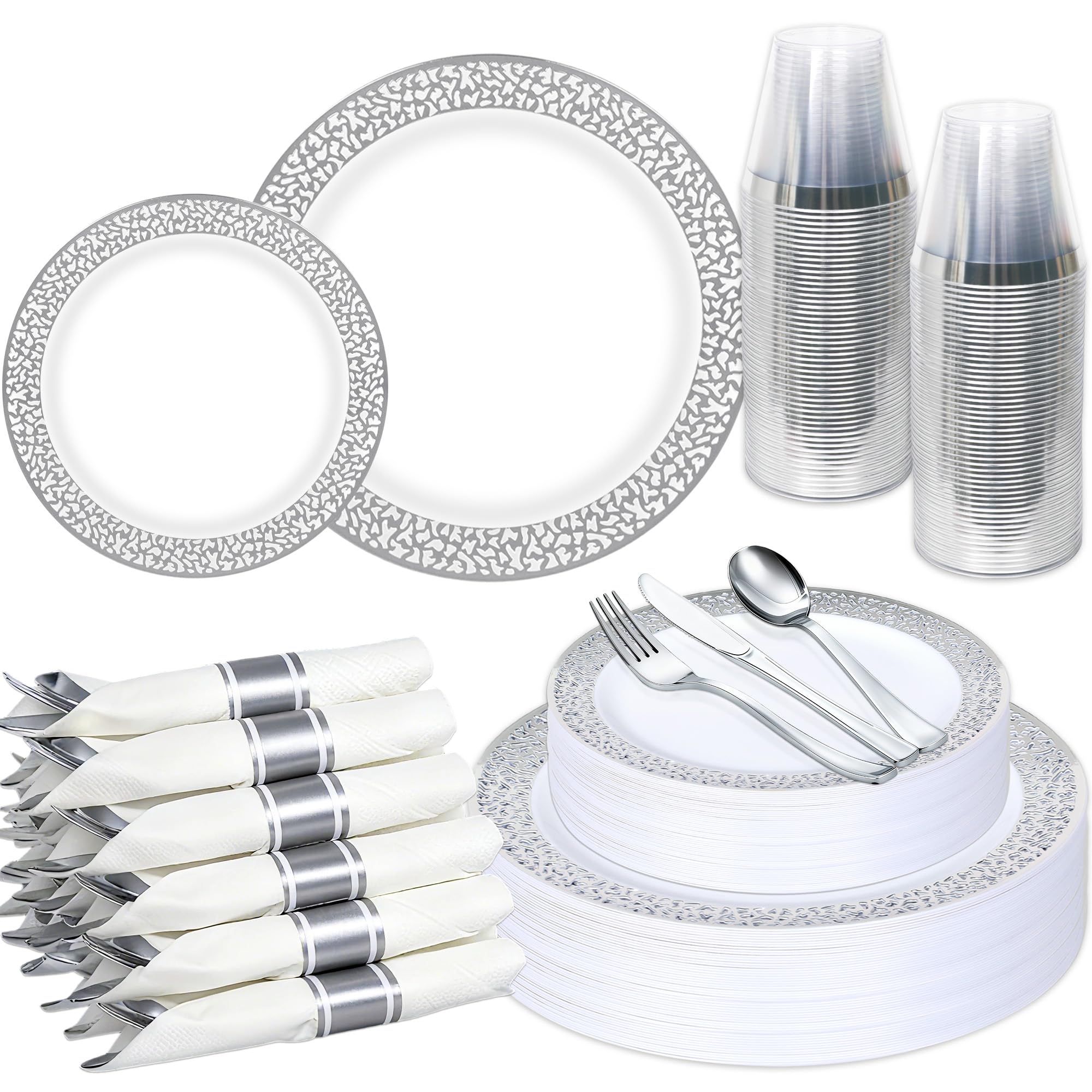 Photo 1 of 210Pcs Silver Plastic Dinnerware for 30 Guests,Silver Lace Disposable Plasticc Plates Including 30 Dinner&Dessert Plates,Cups,Plastic Silverware for Party,Wedding,Thanksgiving