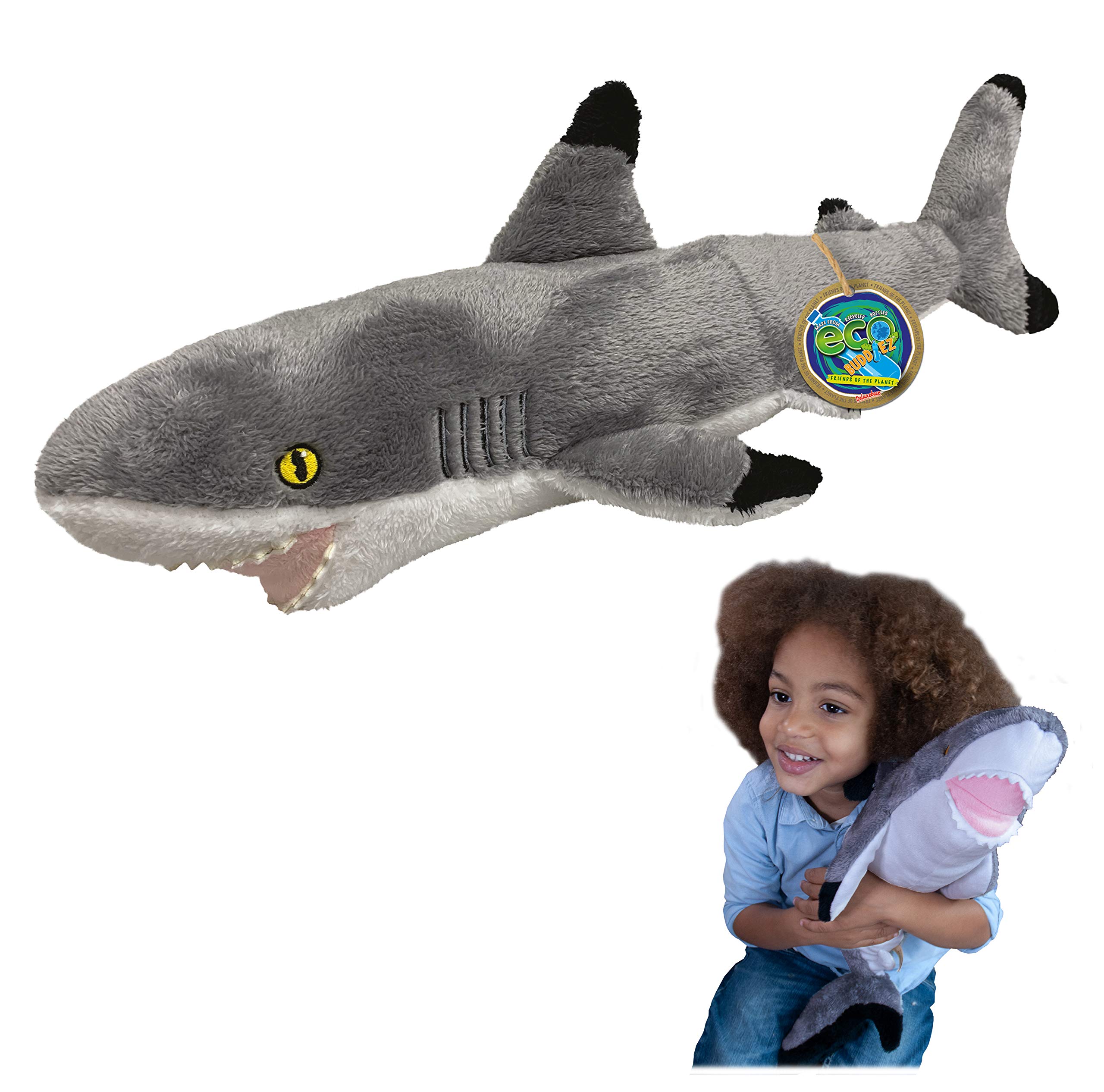 EcoBuddiez - Blacktip Shark from Deluxebase. Large 60cm Soft Plush Animals made from Recycled Plastic Bottles. Eco-Friendly Cuddly Gift for Kids and Cute Stuffed Animal Toy for Toddlers.