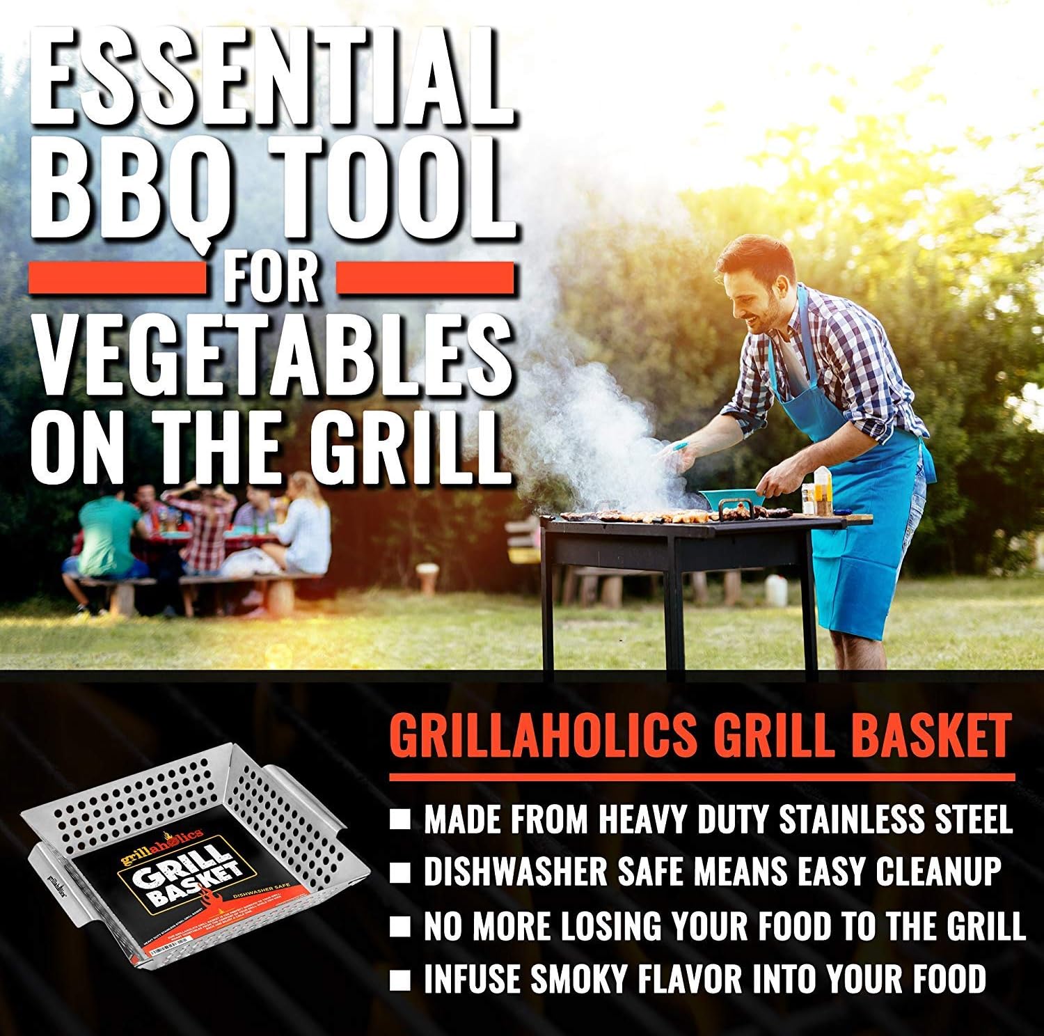 Grillaholics Heavy Duty Grill Basket - Large Grilling Basket for More Vegetables - Stainless Steel Grilling Accessories Built to Last - Perfect Vegetable Grill Basket for All Grills and Veggies : Garden & Outdoor