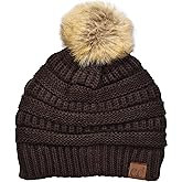 C.C Trendy Fuzzy Fleece Lined Warm Comfortable Soft Stretch Cable Knit Ribbed Faux Fur Pom Pom Beanie Hat