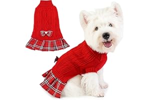 Hpetppy Small Dog Sweater Dress with Bowtie Warm Turtleneck Girl Dog Clothes in Winter Knitted Pet Pullover for Puppy Doggie Chihuahua Yorkie Cat Sweater for Birthday (Red, M)