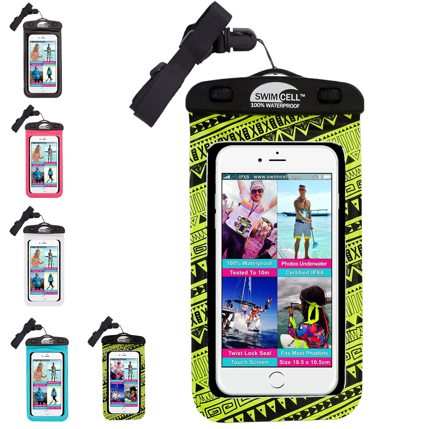 SwimCell Waterproof Phone Case For Swimming - Fits ALL LARGE Size Mobile Phones 10.5x18.5cm - Ideal for iPhone, Samsung and Android - Waterproof Phone Pouch - IPX8 Certified - Neon Yellow, Large