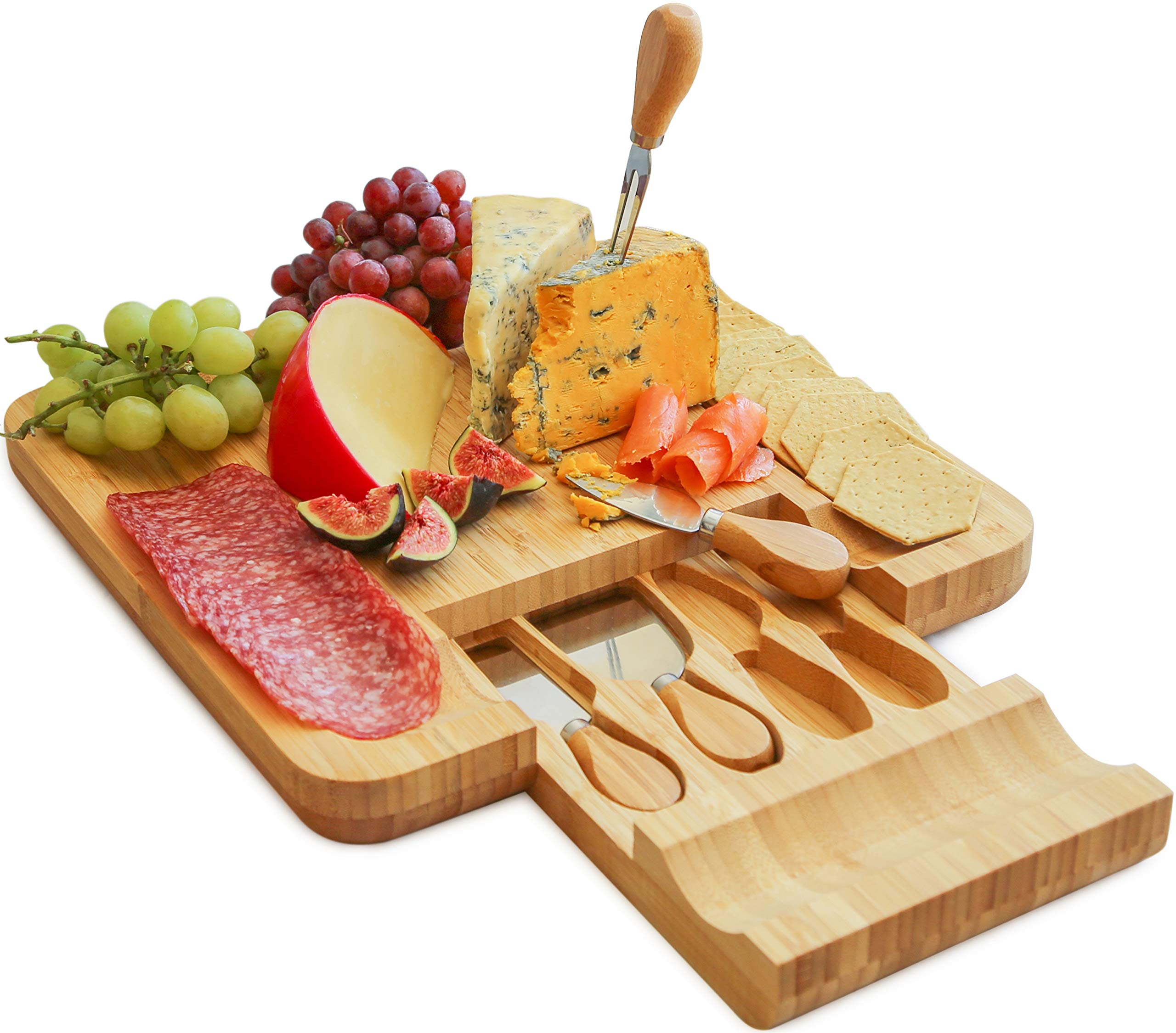Bamboo Cheese Board and Knife Set by Harcas. Best for Serving Cheese, Crackers, Salami and Food. Size: 33cm x 33cm x 3.5cm. Christmas, Weddings and House Warming Gift
