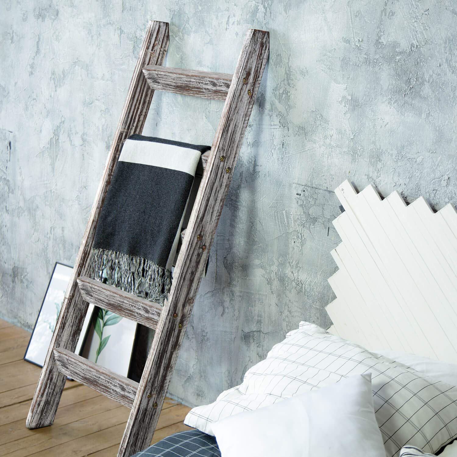 Hallops Blanket Ladder 5 ft. Premium Wood Rustic Decorative Quilt Ladder. White Vintage Wooden Decor. Throw Blankets Holder Rack (White)