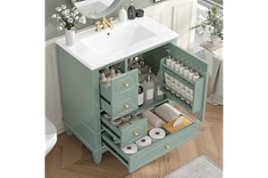 30" Bathroom Vanity with Sink, Harper & Bright Designs Free Standing Single Vanity Set with 3 Drawers and One Door with Storage Racks, Wood Storage Cabinet with Ceramic Basin for Bathroom, Light Green