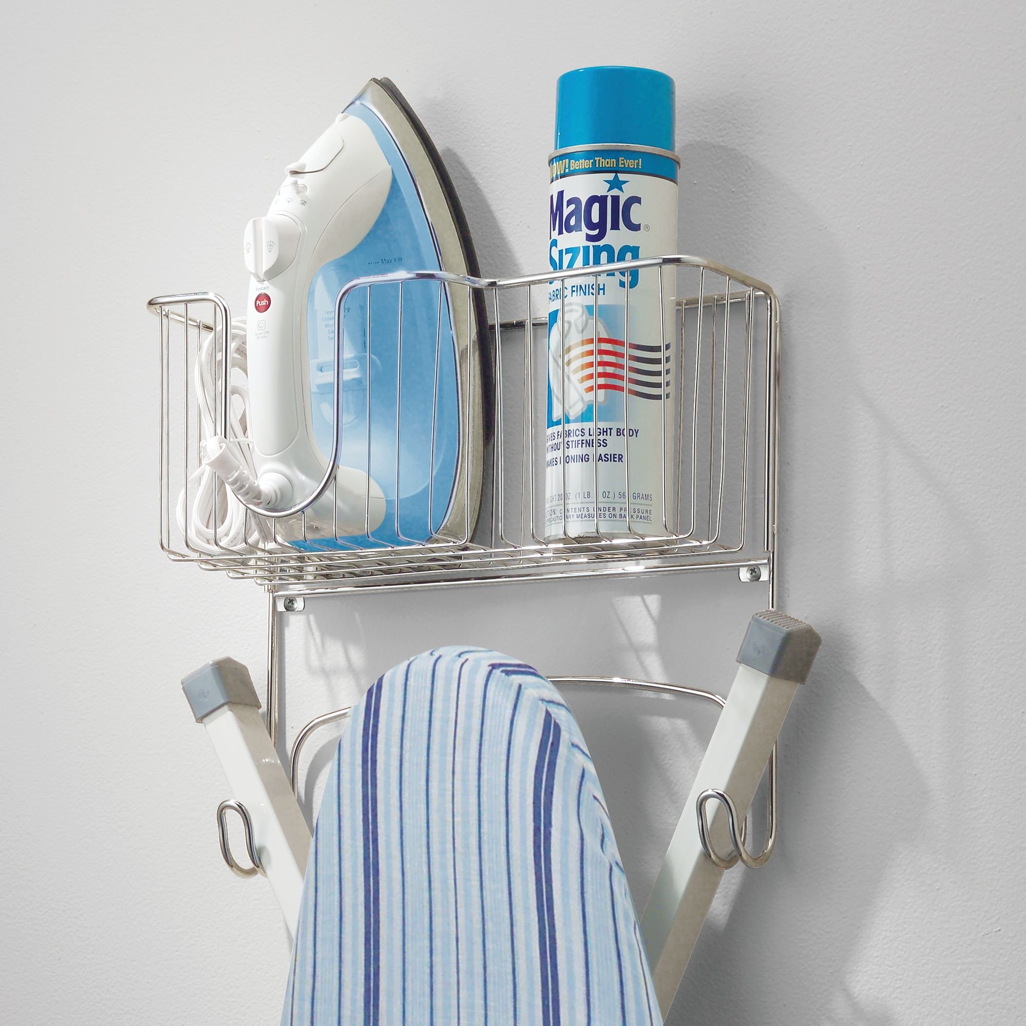 mDesign Wall Mount Wire Metal Ironing Board Holder Large Storage Basket