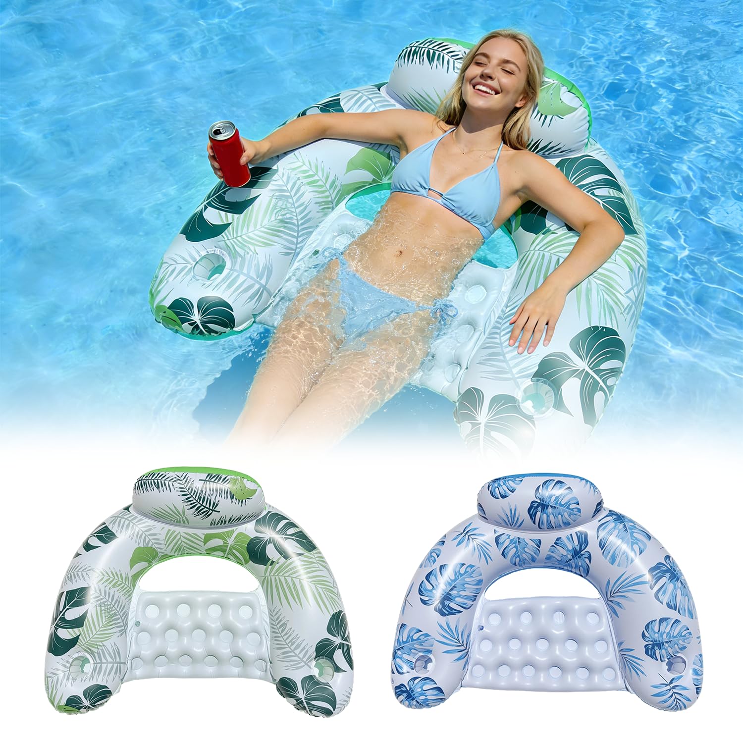 2 Pack Pool Inflatable Adult, Heavy Duty Swimming Pool Floats Chairs in Thickened PVC Lounge Chairs with Cup Holders, Foldable Swimming Floats Adults for Pool Tropical Party Beach Summer Water Fun