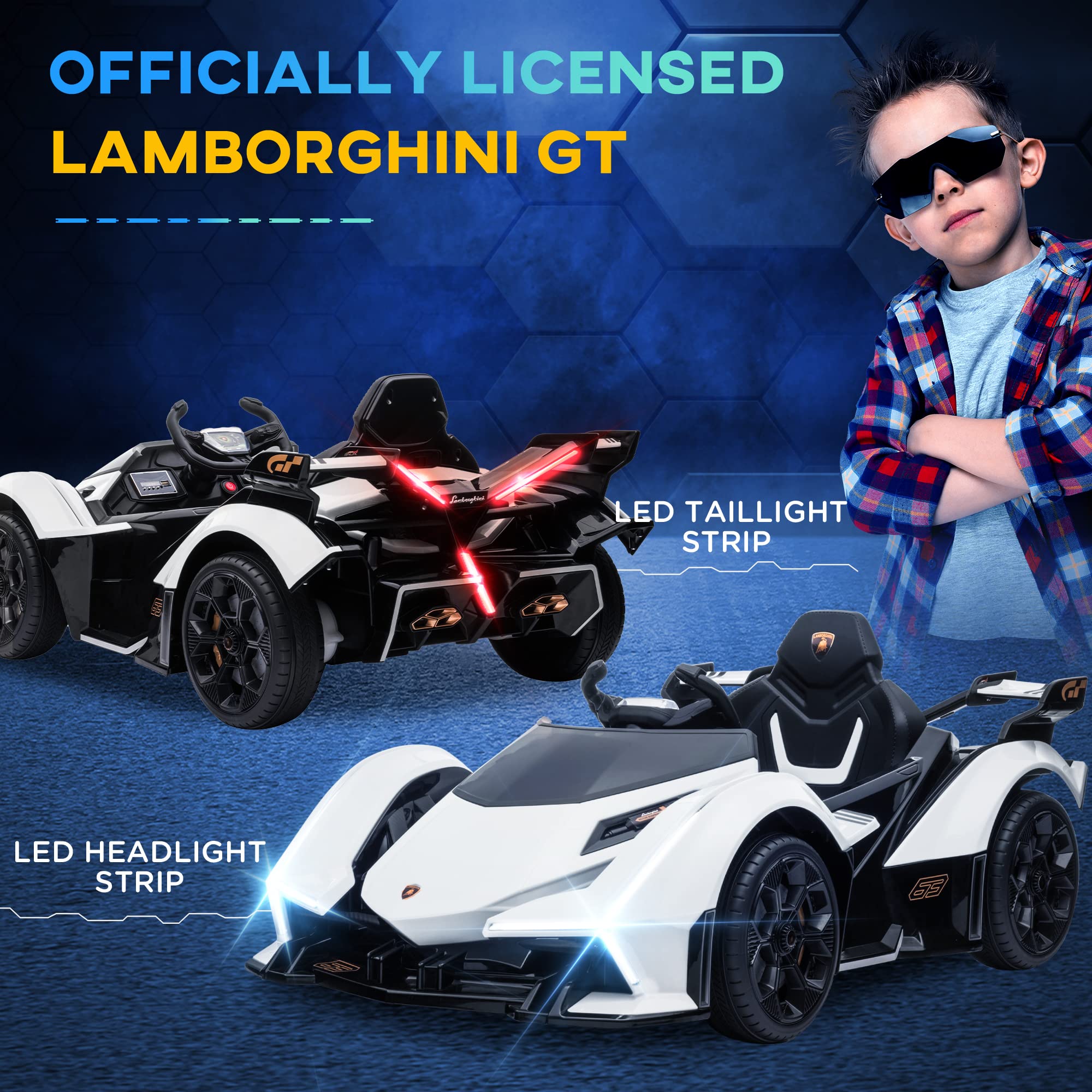 Aosom 12V Electric Ride-on Car, Licensed Lamborghini V12 Vision Gran Turismo Battery-Powered Ride-on Toy with Remote Control, Music, LED Lights, for 3-6 Year Old Boys and Girls, White