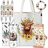 Skylety 5 Pcs Highland Cow Gifts Set for Women 20 oz Tumbler Floral Canvas Bag Pen Socks Silicone Keychain for Mom Sister Cow Lover Cute Christmas Birthday Gifts(Sunflower)