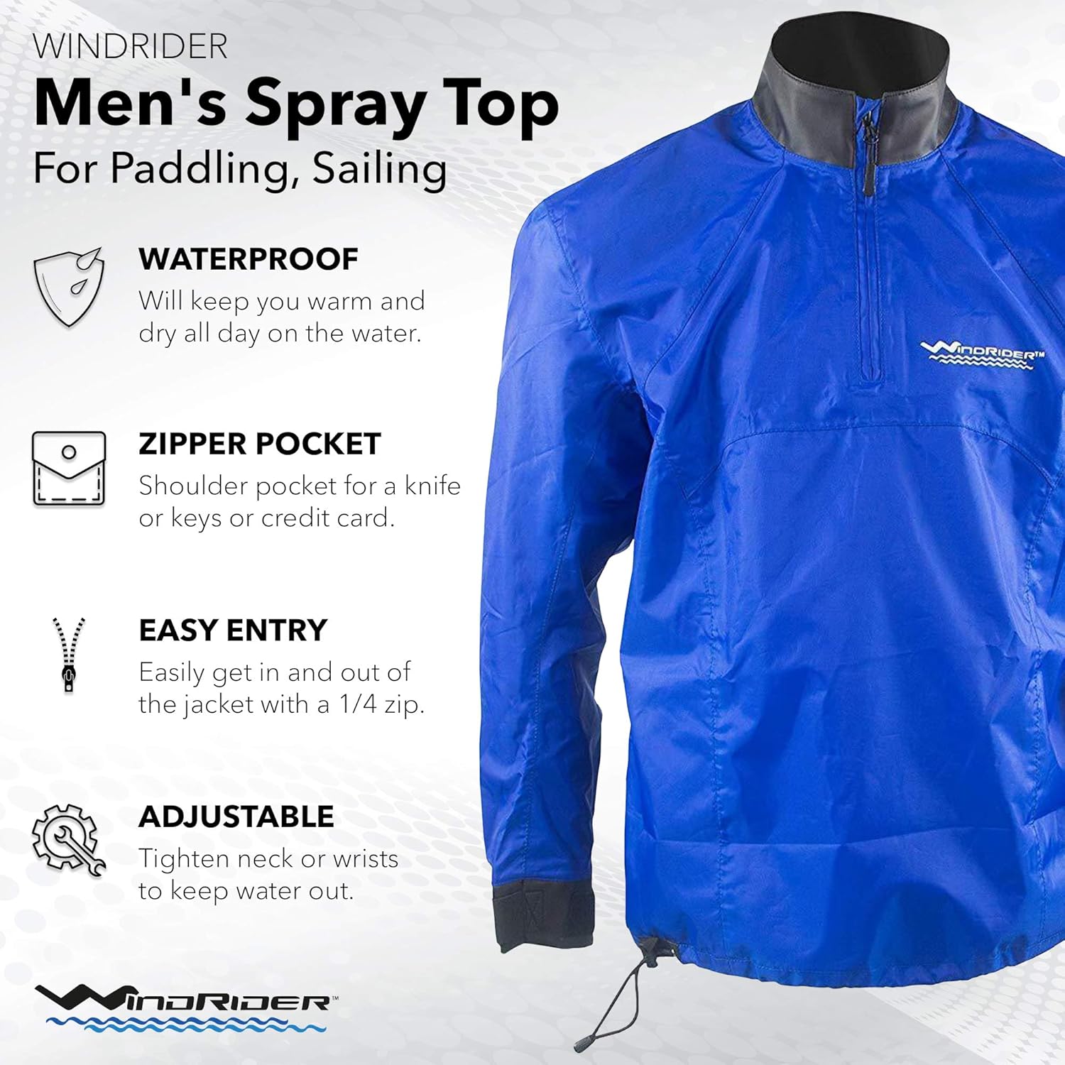 WindRider Waterproof Paddling Sailing Spray Top | Neck and Wrist Seals | Front Zipper | Shoulder Pocket: Clothing