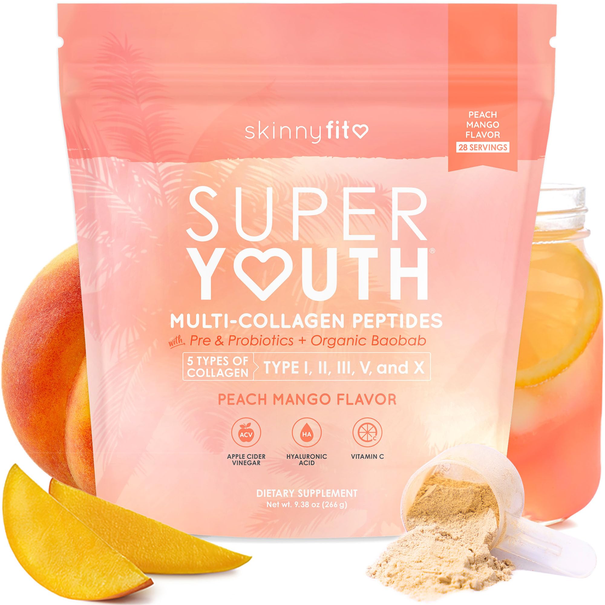 Super Youth Multi-Collagen Peptides + Organic Baobab and Probiotics (Peach Mango)