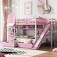 SIYSNKSI Full-Over-Full Castle Style Bunk Bed with 2 Drawers and 3 Shelves, Wood Bunk Bed Frame with Slide and Storage Staircase for Kids Teens Boys Girls, Maximize Space Savings