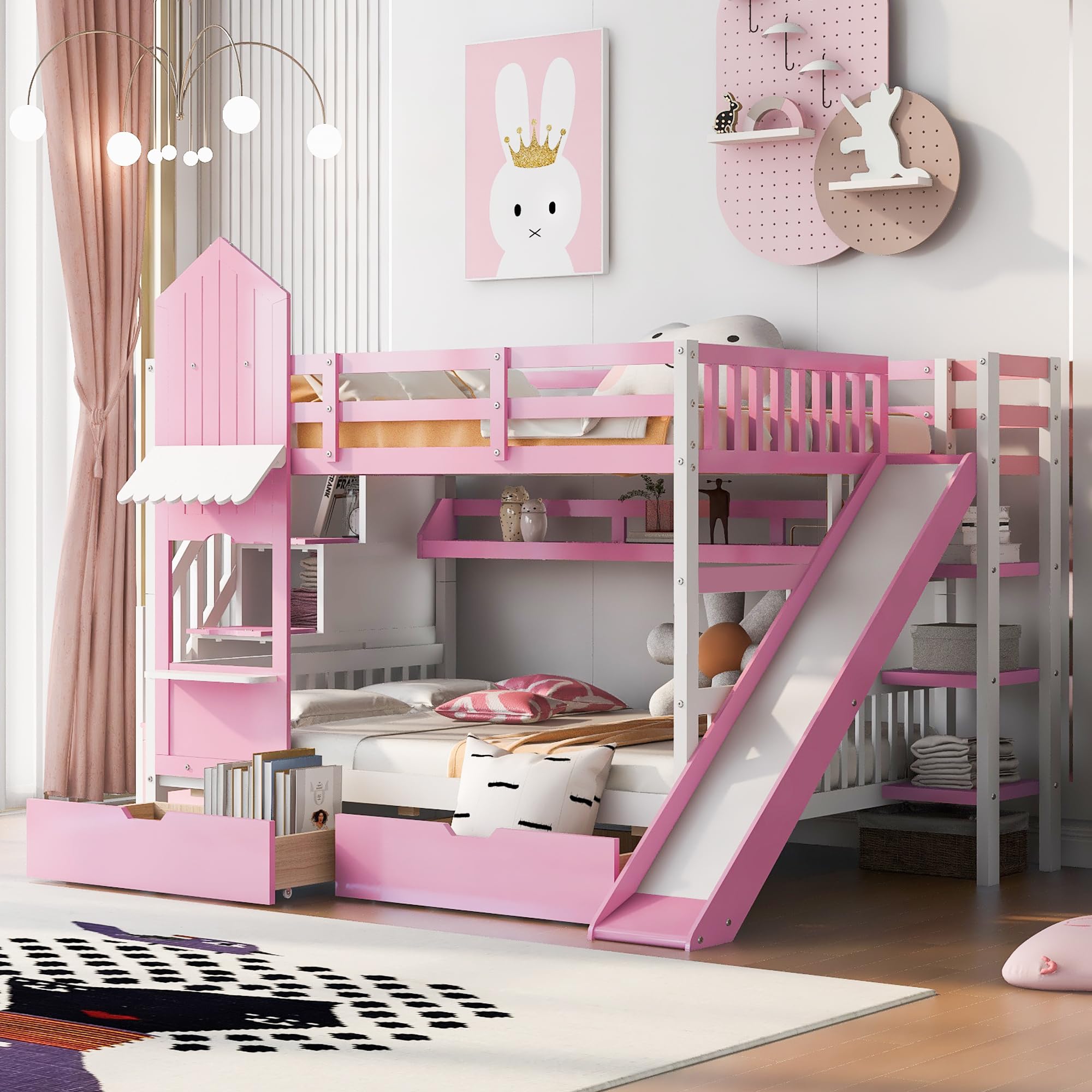 Photo 1 of *********THERE ARE TREE BOXES ITS COMPLETE EBERTHING THERE ******Ball & Cast Full-Over-Full Castle Style Bunk Bed,Wood Bunkbed w/ 2 Drawers and 3 Shelves,Full-Length Fence,Bedframe with Slide & Storage Ladder,Space Saving,Slat Support,for Child's Bedroom,