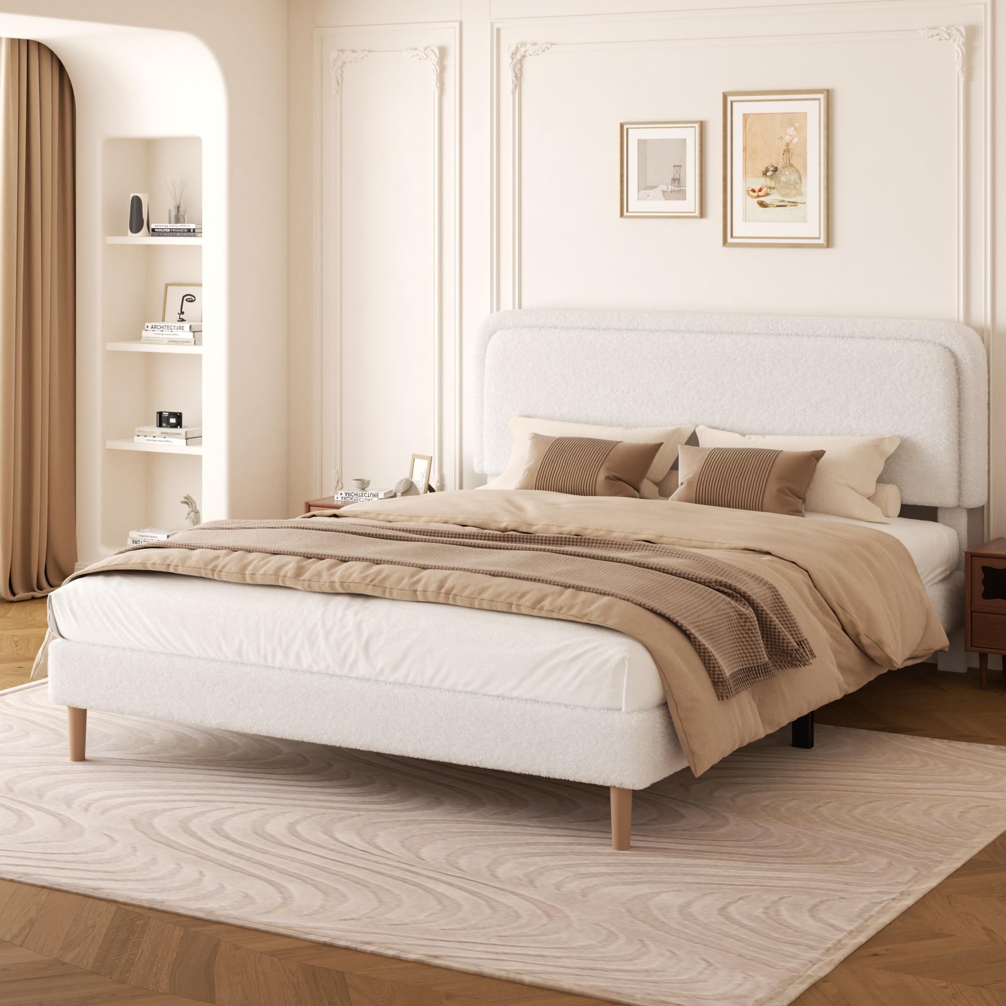 Photo 1 of viplov King Size Boucle Upholstered Platform Bed Frame with Adjustable Headboard, Soft Cloud Bed, No Box Spring Needed, Noise Free, Easy Assembly, White