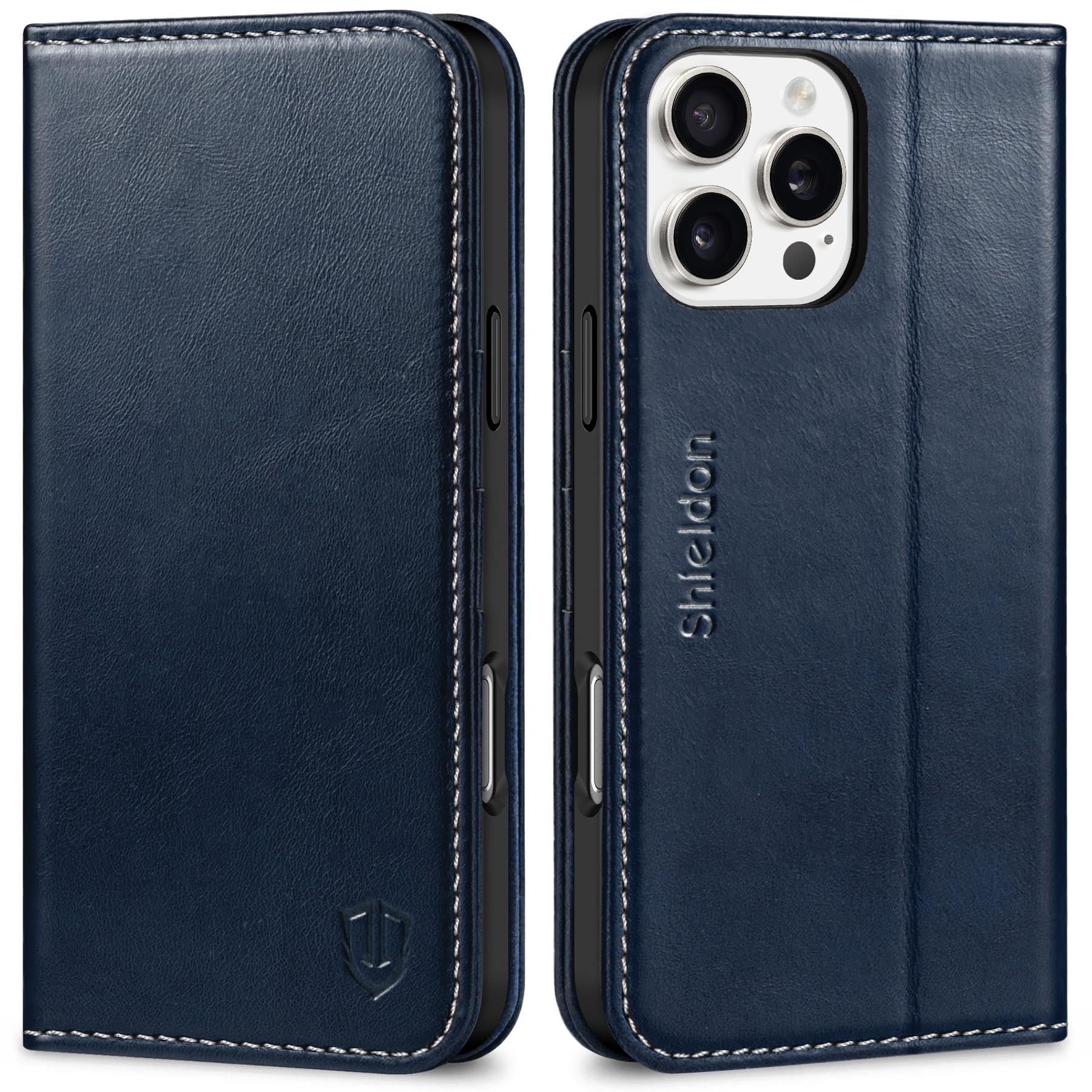 SHIELDON Case for iPhone 16 Pro Max 5G, Genuine Leather Wallet Case with Card Holder [Kickstand][RFID Blocking][Magnetic Closure] Shockproof Case Compatible with iPhone 16 Pro Max - Retro Dark Blue