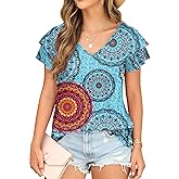 FREEOAK Womens Floral Tops Ruffle Sleeve Shirts for Women V Neck Loose Fit Casual Tee Tunics