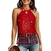 Aupuls Fringe Country Concert Outfits for Women Halter Sequin Tops Sparkly Western Top