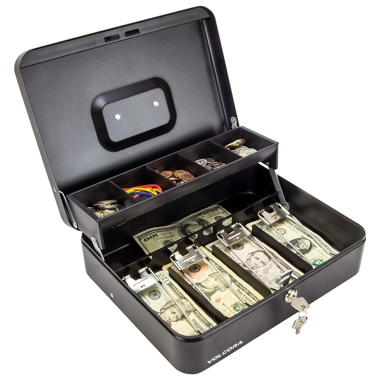 Black Steel Cash Box with Safe Key Lock Tiered Money Coin Tray and