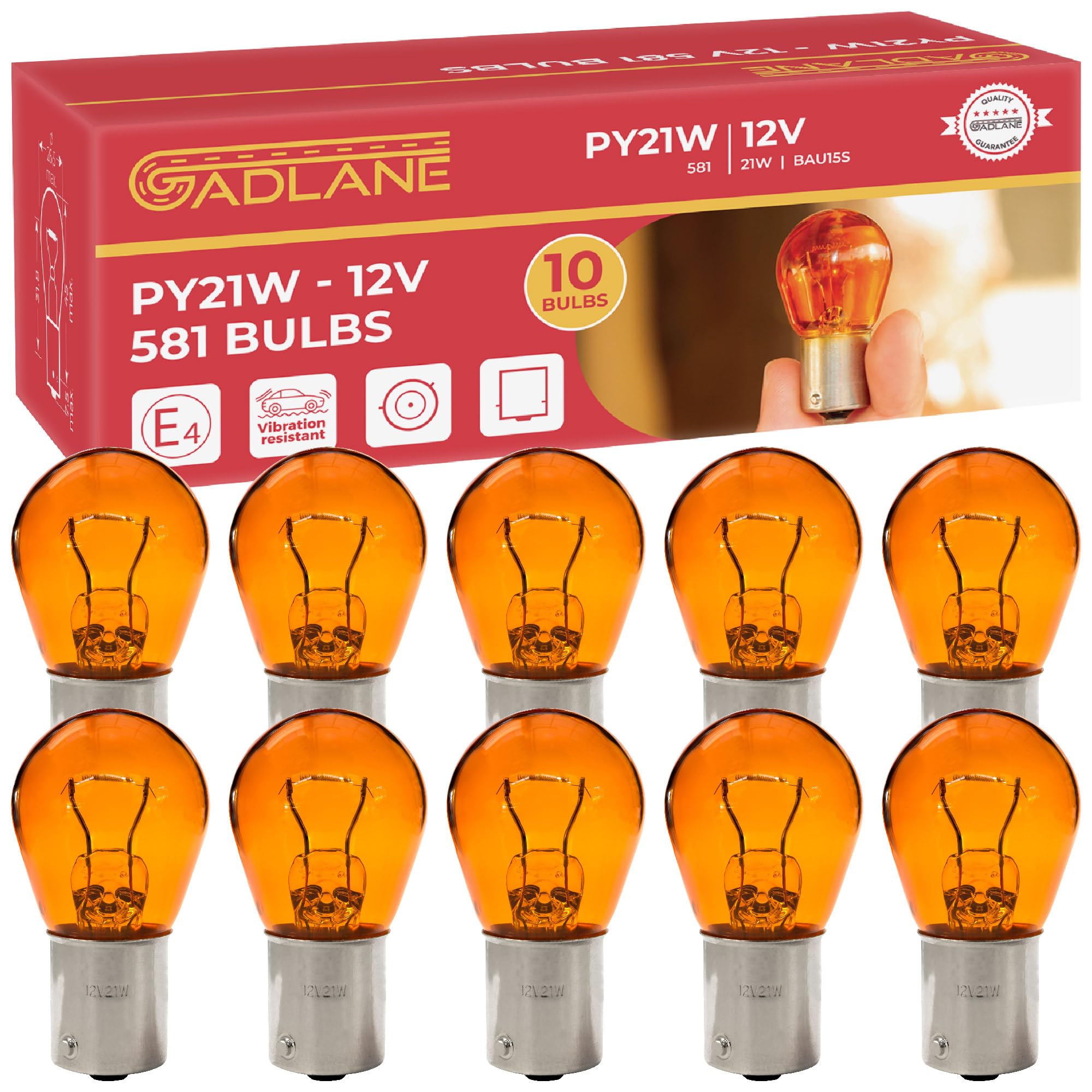 GADLANE 10 x 581 Amber Orange 12V 21W PY21W Bayonet Indicator Signal Off Set Pins Car Bulbs BAU15S - Pack of 10