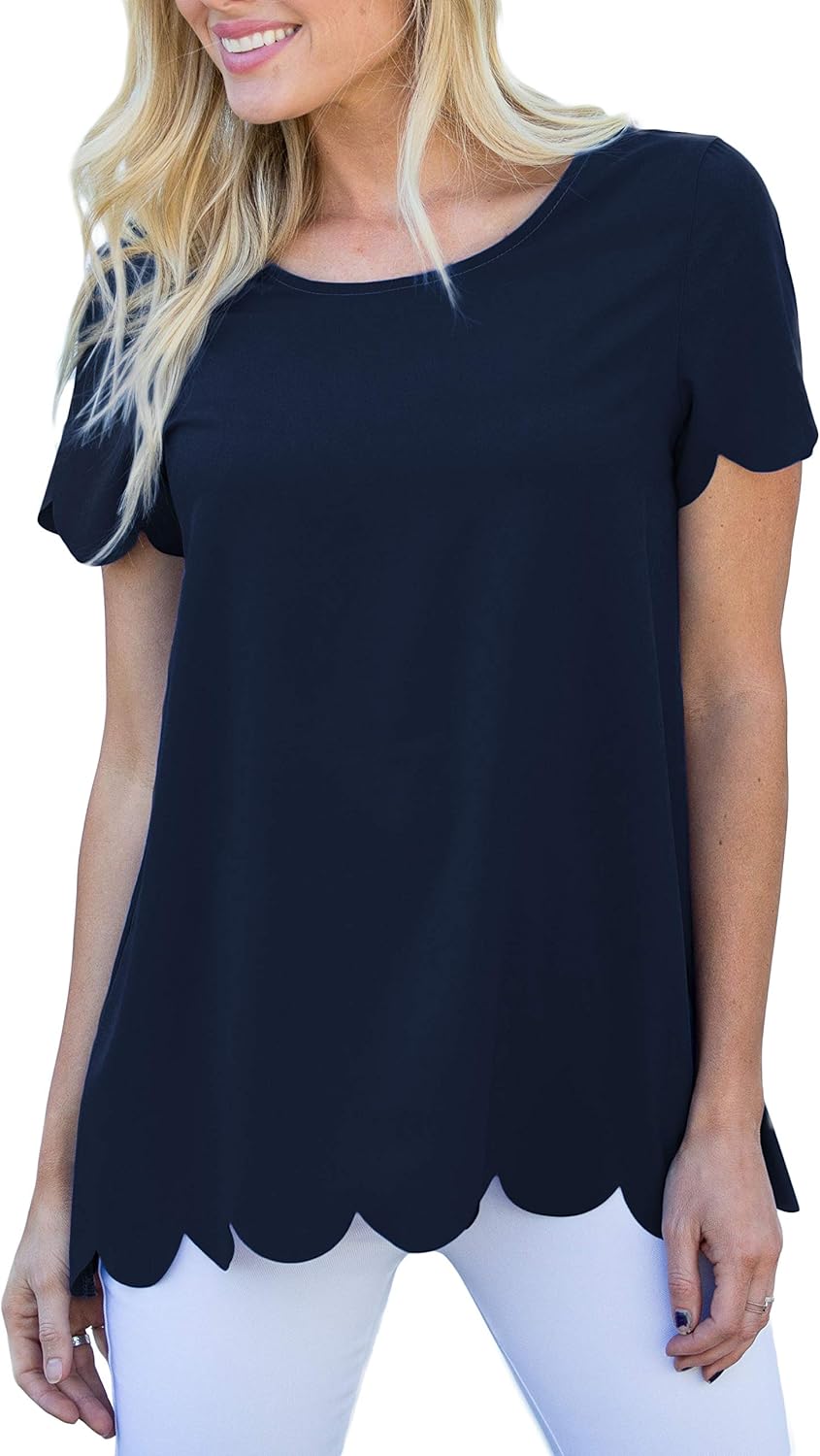 Amaryllis Apparel Women's Lightweight Scalloped Edge Scoop Neck Short