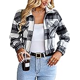 Lingjiazi Womens Cropped Flannel Plaid Shacket Zip Up Shirts Jackets with Pockets