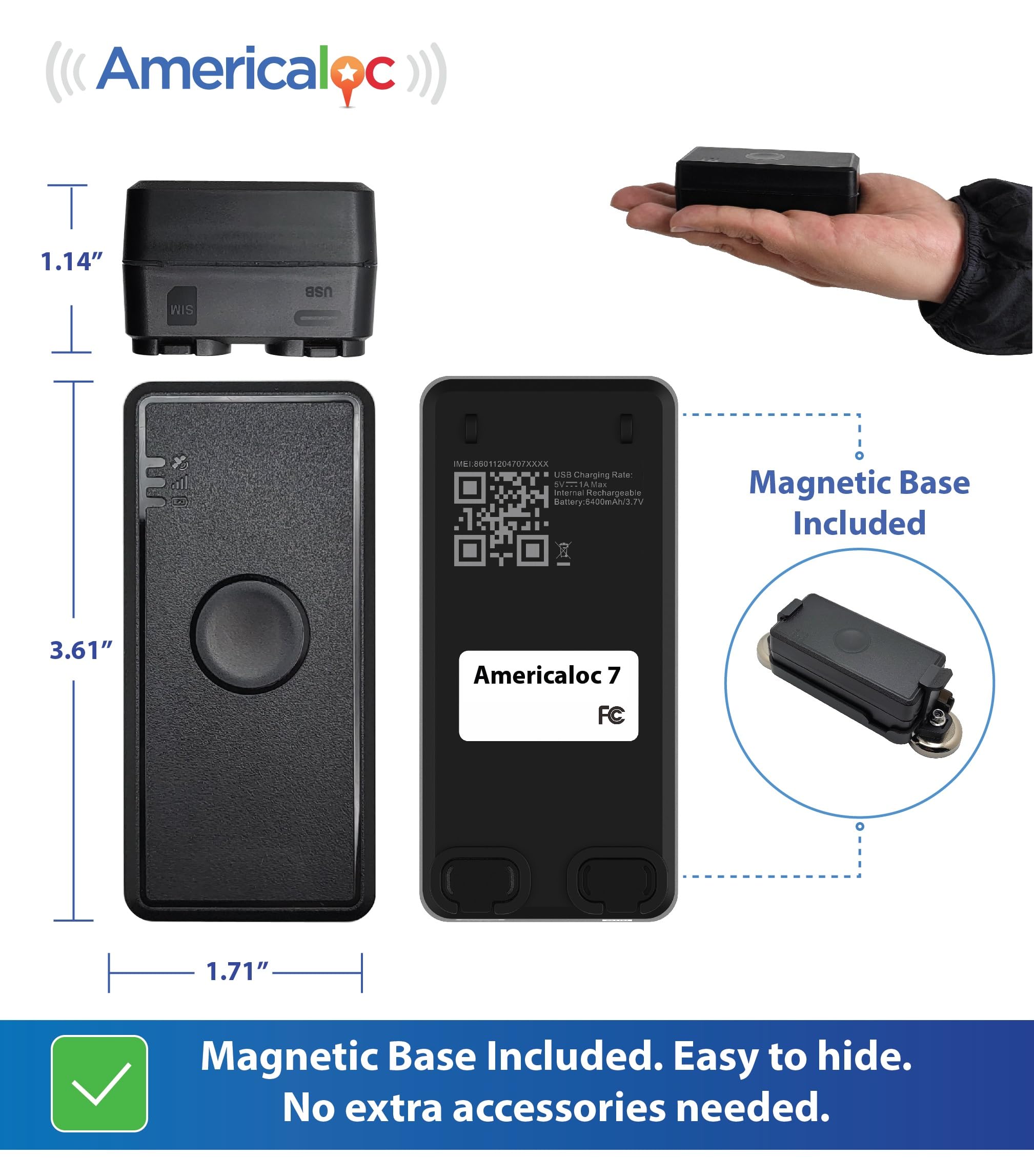 Americaloc Mini Seven GPS Tracker – Includes 4 Months of Free Service. Ultra-Long Battery. Vehicles, Assets & People. Rechargeable. Magnetic.