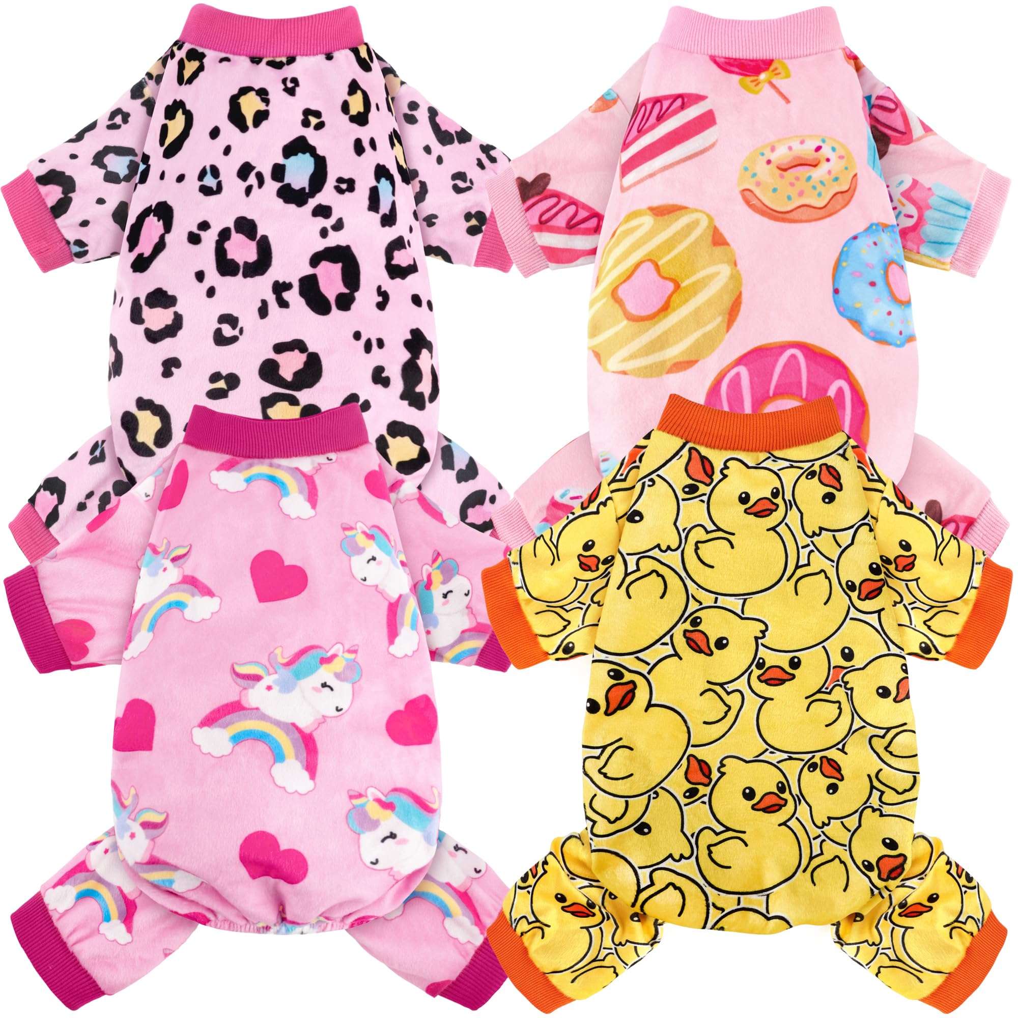 Photo 1 of 4 Pack Dog Pajamas Soft Lightweight Dog Recovery Suit Onesie Clothes for Small Medium Pet Boys Girls Dogs Cats (M (Back: 10",Chest: 14.5", Neck: 9.5"), Leopard,Donut,Unicorn,Duck)