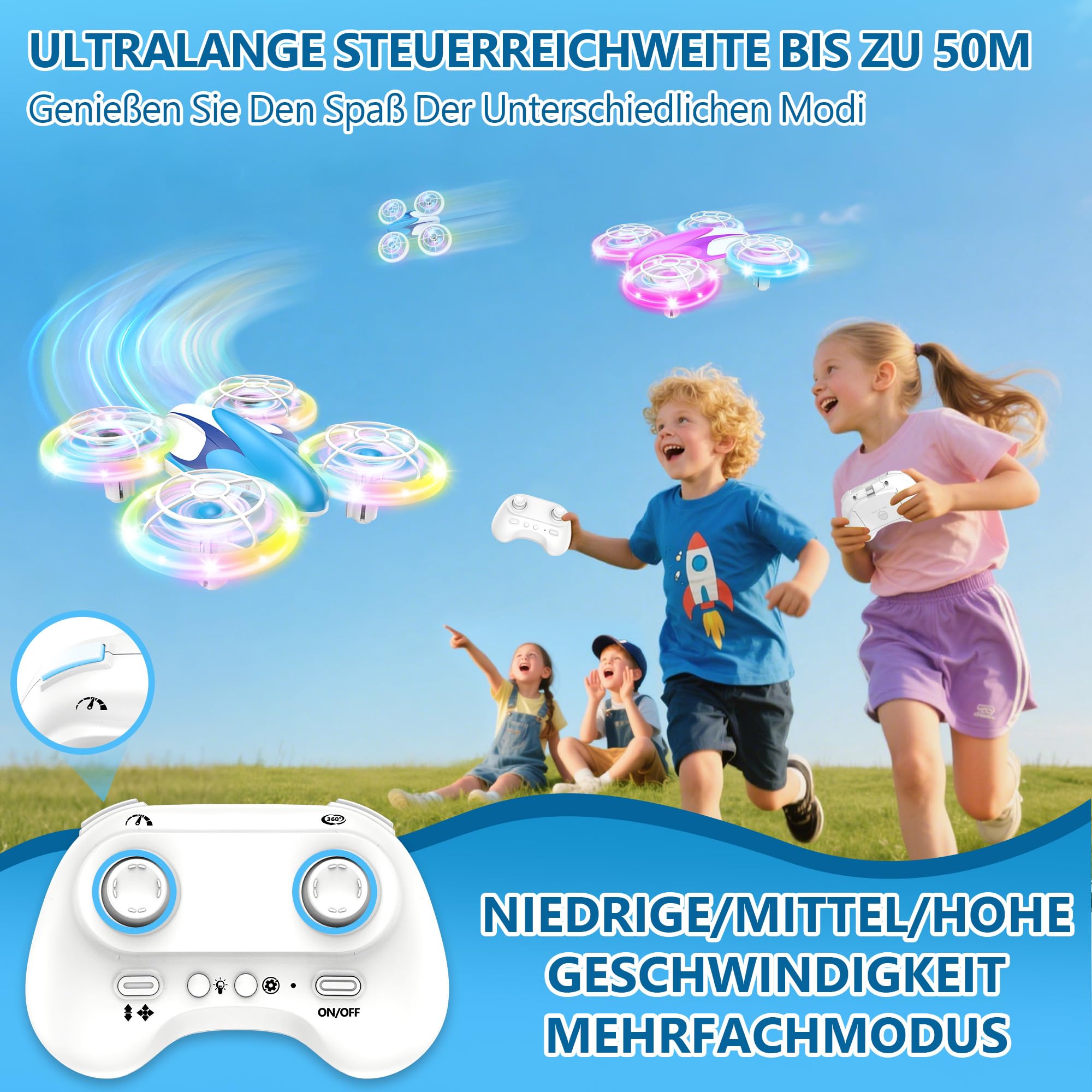 Charmofun Mini Drohne für Kinder Spielzeug ab 6+ Jahre, Mini Drone Set mit 7 LED Lichteffekte, 3 Akkus, Indoor Outdoor RC Drohne mit Höhehalten, RC Flugzeug Geschenke für Jungen Mädchen Anfänger 6