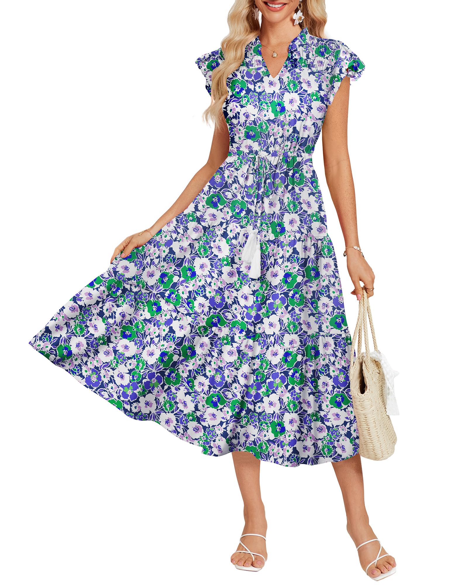 View 1 of *****STOCK PHOTO REFERENCE****GRACE KARIN Women's 2025 Floral Summer Dress Ruffle Cap Sleeve A Line Midi Dresses Boho Casual Dress BLUE **SIZE 14Y