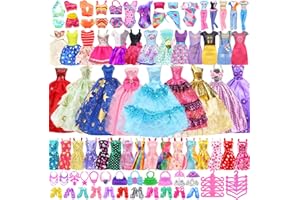 Ecore Fun 99 Pcs Doll Clothes Outfits and Accessories- 5 Princess/ Wedding Gowns 12 Fashion Dresses 2 Leisure Outfits 2 Bikini Swimsuits 10 Shoes and 57 Accessories for 11.5 inch Dolls,Girl Gift