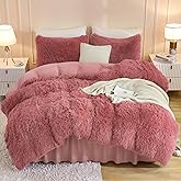 Andency Fluffy Old Pink Comforter Set Queen Size, 3 Pieces Winter Faux Fur Warm Soft Fuzzy Plush Bedding Comforter Set (1 Velvet Comforter & 2 Pillowcases), Thick Heavy Comfy Comforters Bedding Set