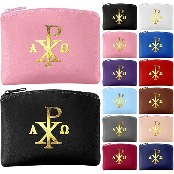 Shinylin 12-Pack Leather Rosary Pouch With Zipper - 6 Colors, PU Leather, 3.54x2.48 Inches, Gold Cross Design