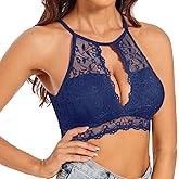 SHEKINI High Neck Lace Bralettes for Women Padded Wireless Halter Bra Floral Crop Top Vest Bra Lingerie