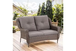 Bellefurn Patio Wicker Sofa Brown Rattan Loveseat Outdoor Couch with Chrysanthemum Armest & Water Resistant Cushions Sofa for Garden Balcony Backyard Poolside, Grey Cushions Loveseat(1PC)