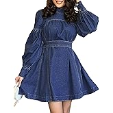 POTILI Denim Dress for Women Puff Long Sleeve, Mock Neck Babydoll Jean Mini Dress with Tie and Pocket