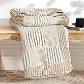 Amélie Home Checkered Knit Throw Blanket for Couch, Chenille Texture Decorative Soft Blanket for Sofa & Chair, 50"x60", Khaki & White